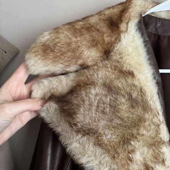 Vintage 70's Brown Leather Fur Trim Belted Midi Trench Coat Jacket - Picture 7 of 8